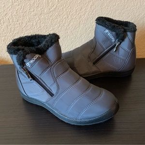 Gray Quilted Ankle Boots with Faux Fur